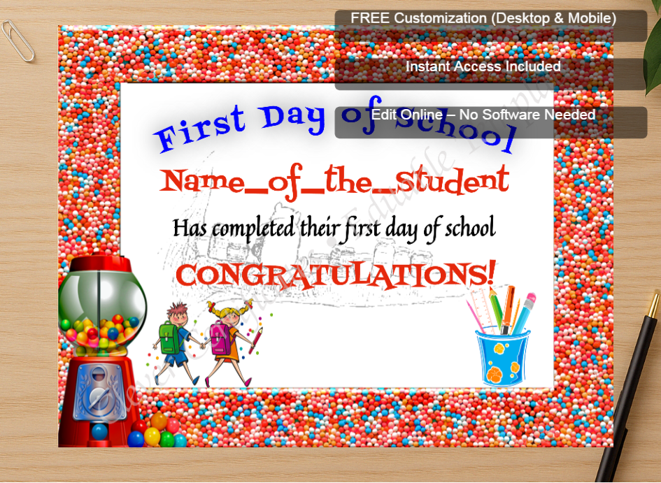 Zoomed preview with Free Editor badge stack for First Day Of School