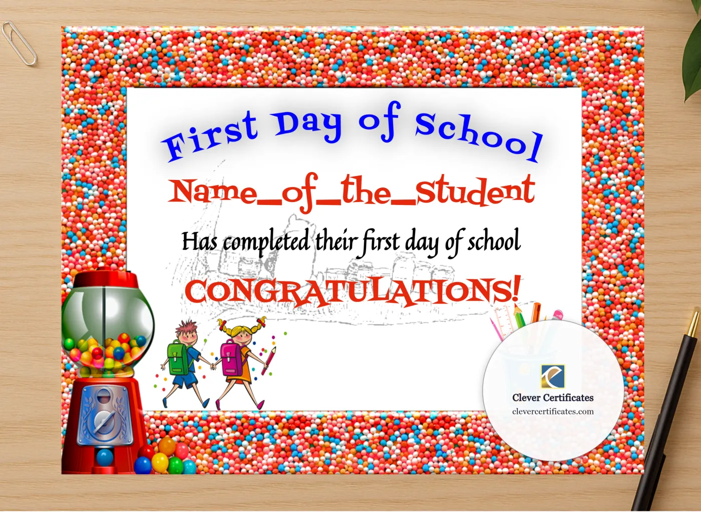 Professional preview of First Day Of School certificate on high-quality stationery paper, ideal for showcasing the final look.