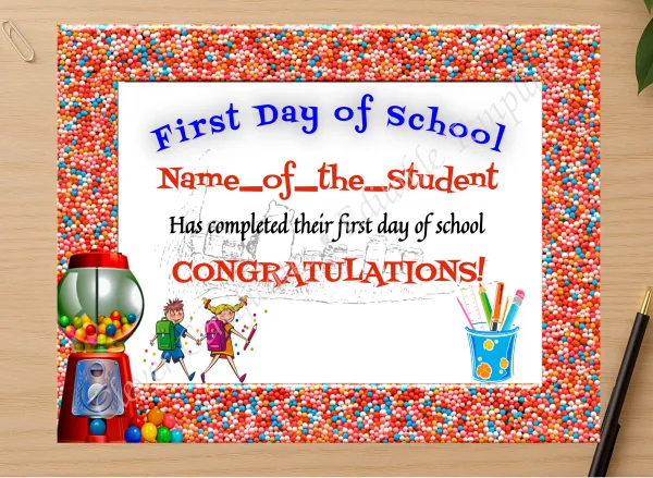 Professional preview of First Day Of School certificate on high-quality stationery paper, ideal for showcasing the final look.