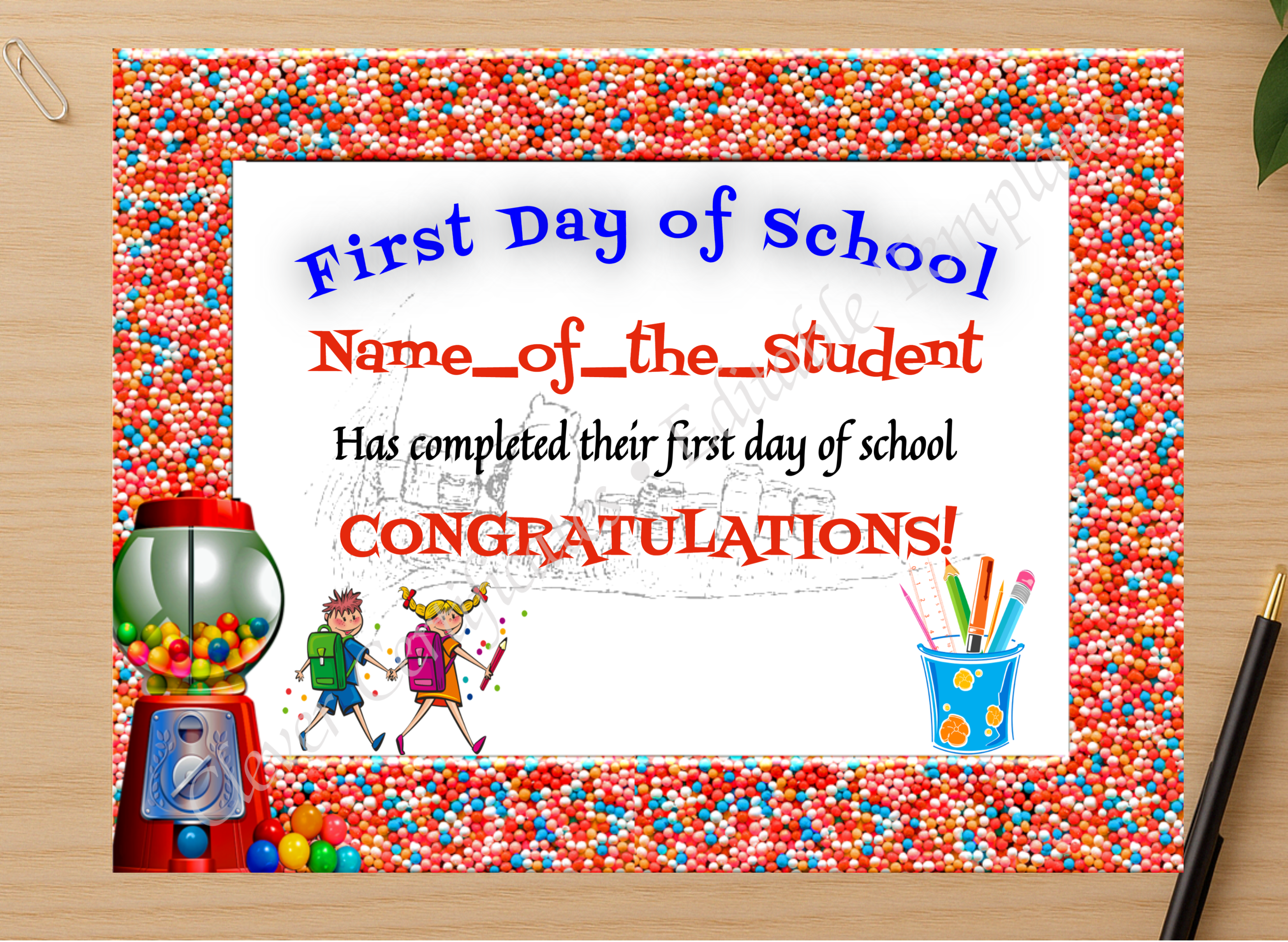 Professional preview of First Day Of School certificate on high-quality stationery paper, ideal for showcasing the final look.