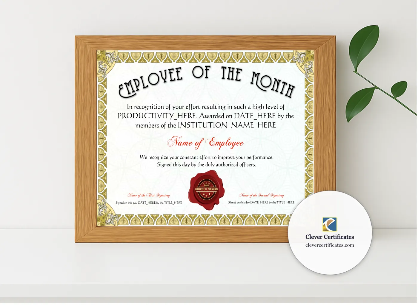 Realistic mockup featuring Employee Of The Month Award displayed within a modern frame, set against a minimalistic background.