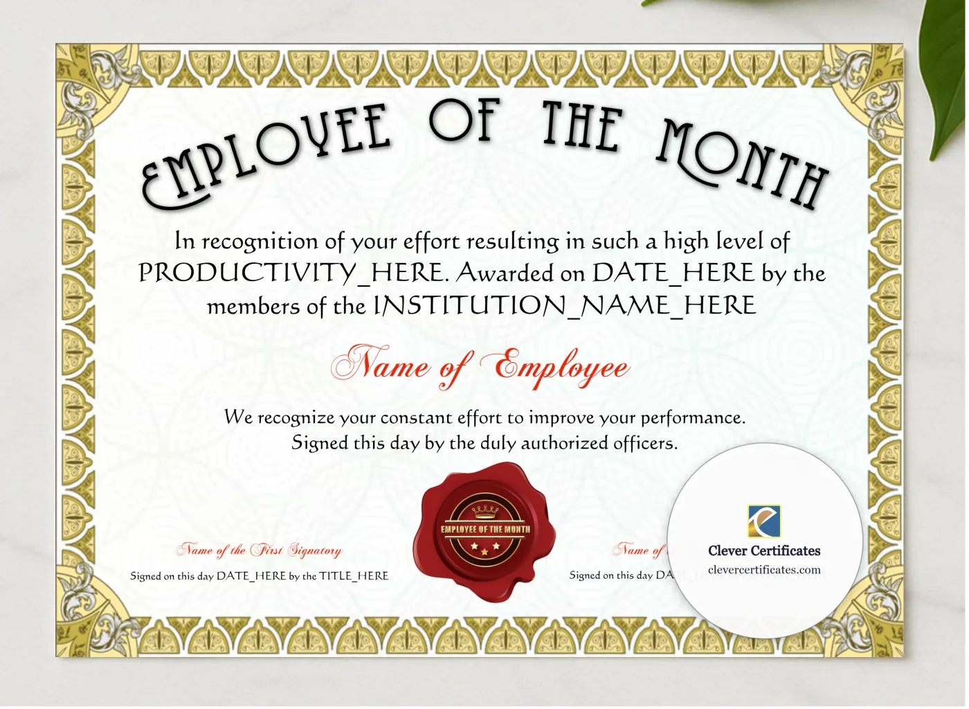 Employee Of The Month Award presented in a sleek wooden frame, elegantly arranged on a stylish table.