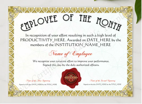 Employee Of The Month Award presented in a sleek wooden frame, elegantly arranged on a stylish table.