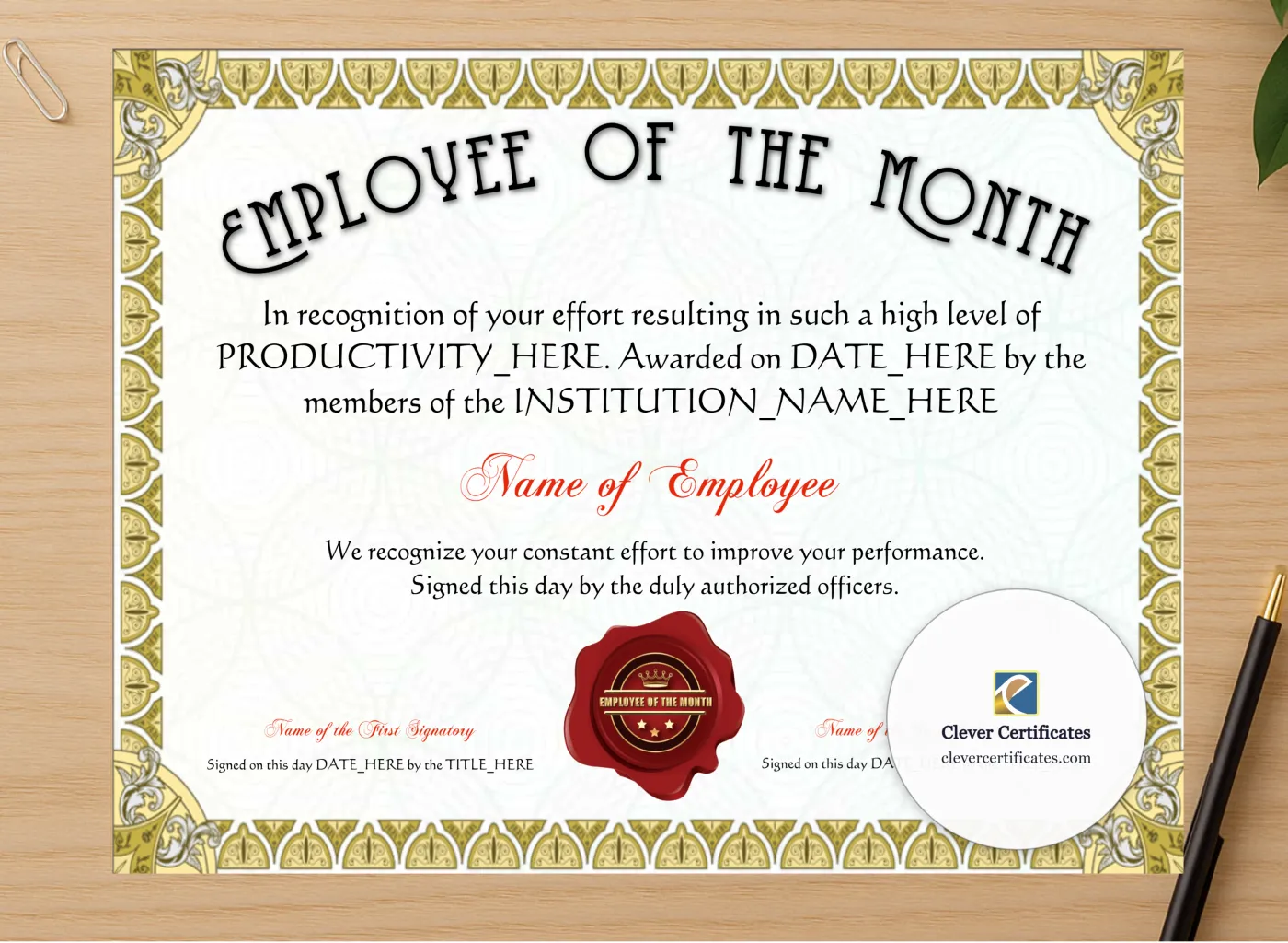 Professional preview of Employee Of The Month Award certificate on high-quality stationery paper, ideal for showcasing the final look.