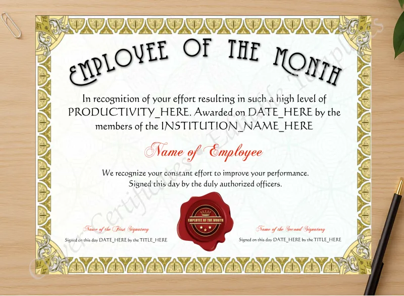 Professional preview of Employee Of The Month Award certificate on high-quality stationery paper, ideal for showcasing the final look.