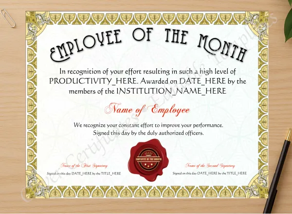 Professional preview of Employee Of The Month Award certificate on high-quality stationery paper, ideal for showcasing the final look.