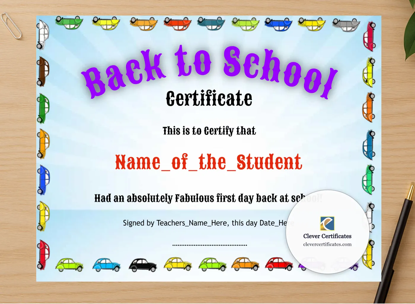 Professional preview of Back To School certificate on high-quality stationery paper, ideal for showcasing the final look.