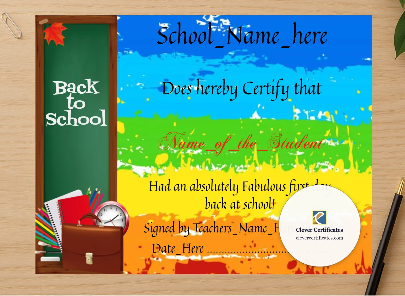 Professional preview of Back To School 2 certificate on high-quality stationery paper, ideal for showcasing the final look.