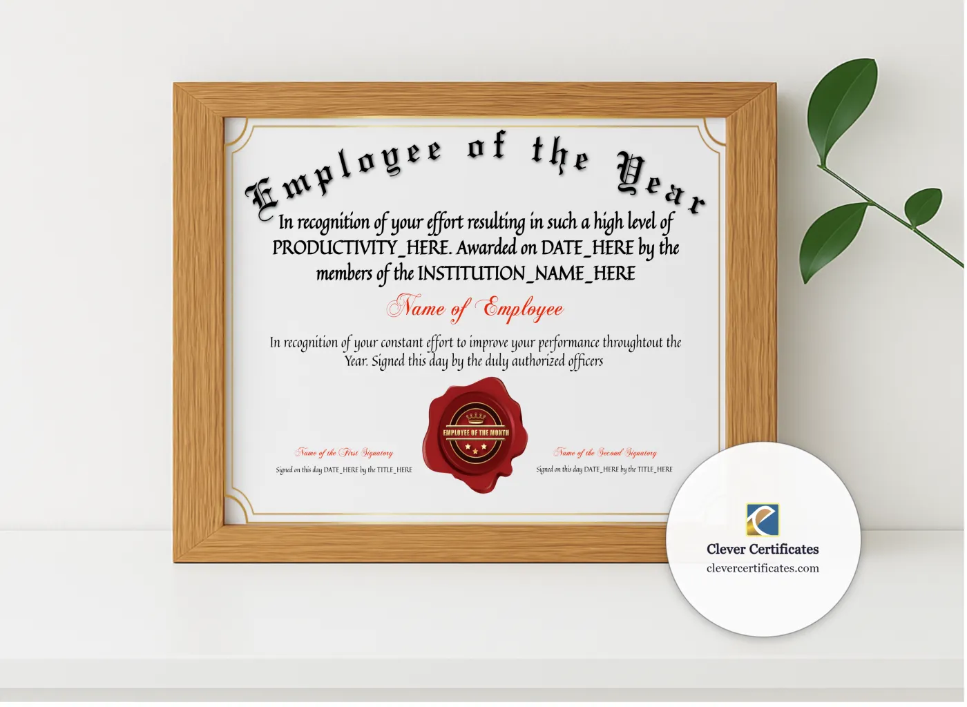 Realistic mockup featuring Employee Of The Year Award displayed within a modern frame, set against a minimalistic background.