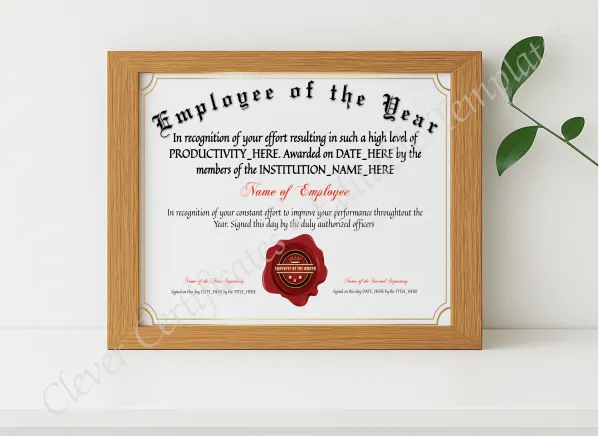 Realistic mockup featuring Employee Of The Year Award displayed within a modern frame, set against a minimalistic background.