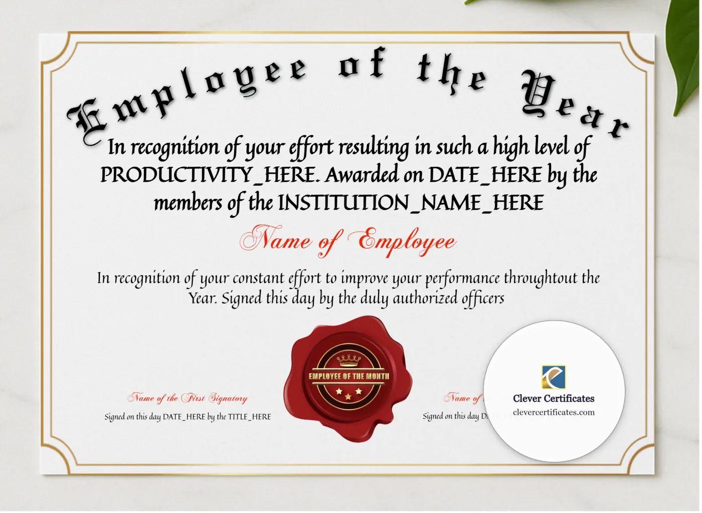 Employee Of The Year Award presented in a sleek wooden frame, elegantly arranged on a stylish table.