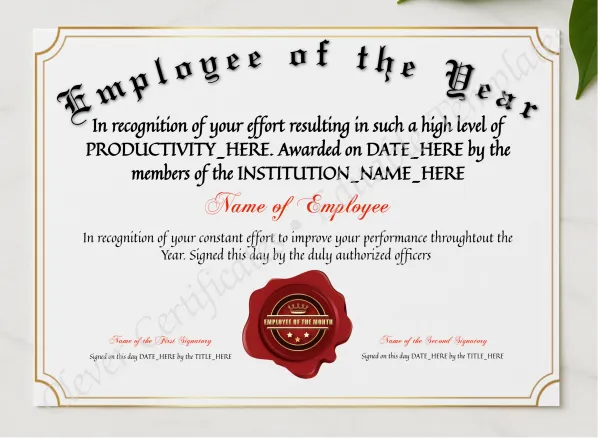 Employee Of The Year Award presented in a sleek wooden frame, elegantly arranged on a stylish table.