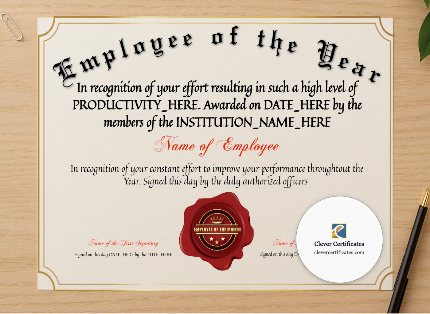 Professional preview of Employee Of The Year Award certificate on high-quality stationery paper, ideal for showcasing the final look.