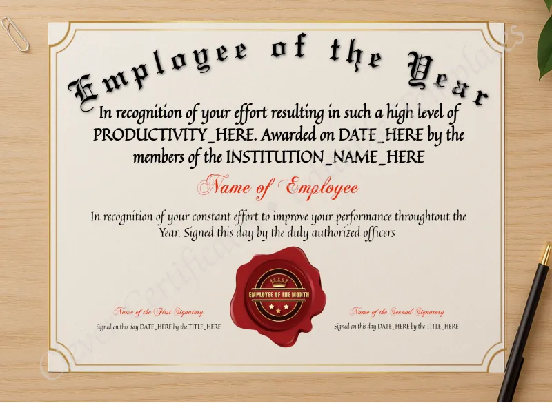 Professional preview of Employee Of The Year Award certificate on high-quality stationery paper, ideal for showcasing the final look.