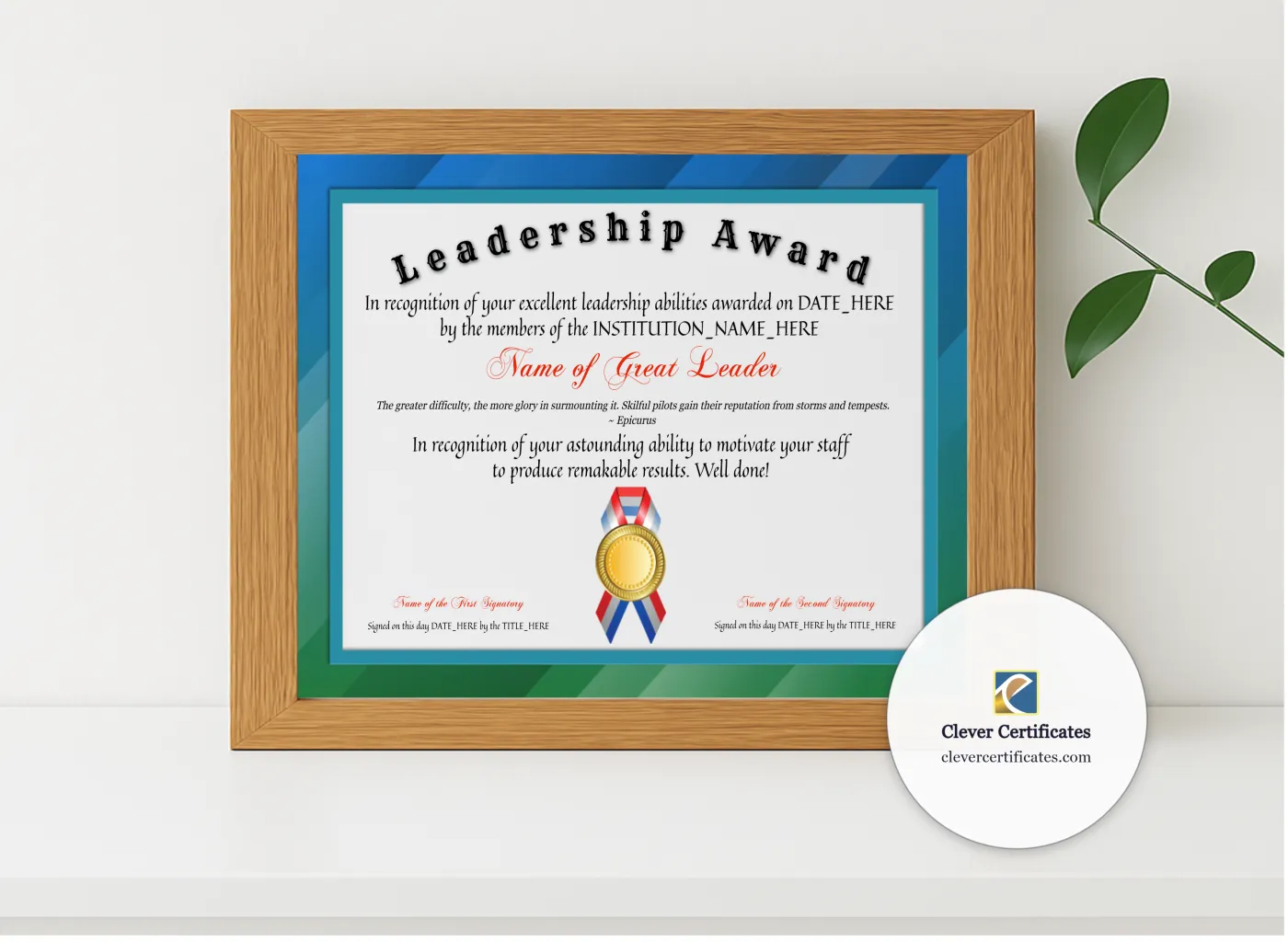 Realistic mockup featuring Leadership Award displayed within a modern frame, set against a minimalistic background.