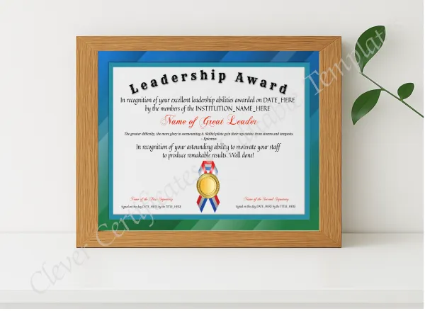 Realistic mockup featuring Leadership Award displayed within a modern frame, set against a minimalistic background.