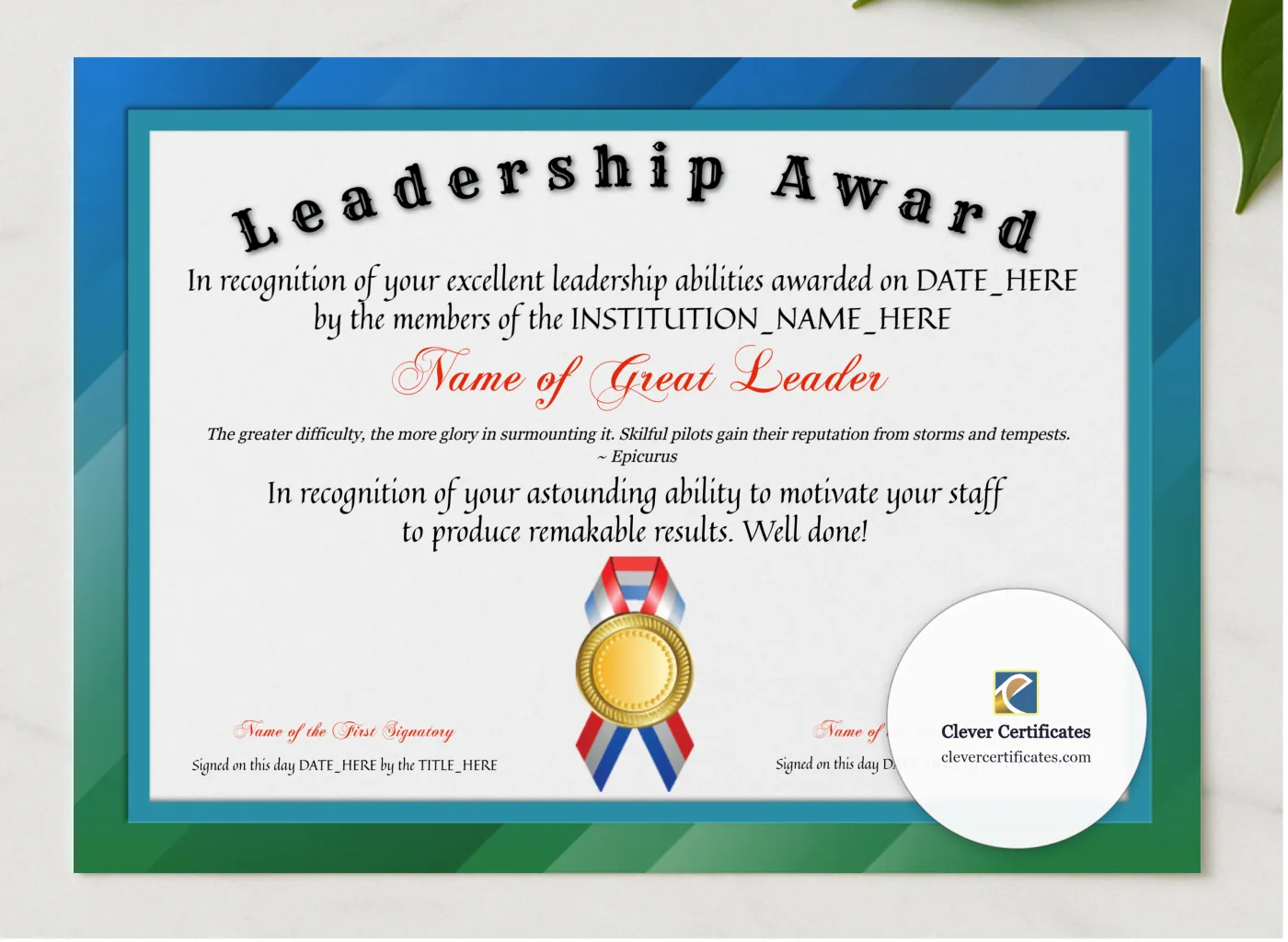 Leadership Award presented in a sleek wooden frame, elegantly arranged on a stylish table.
