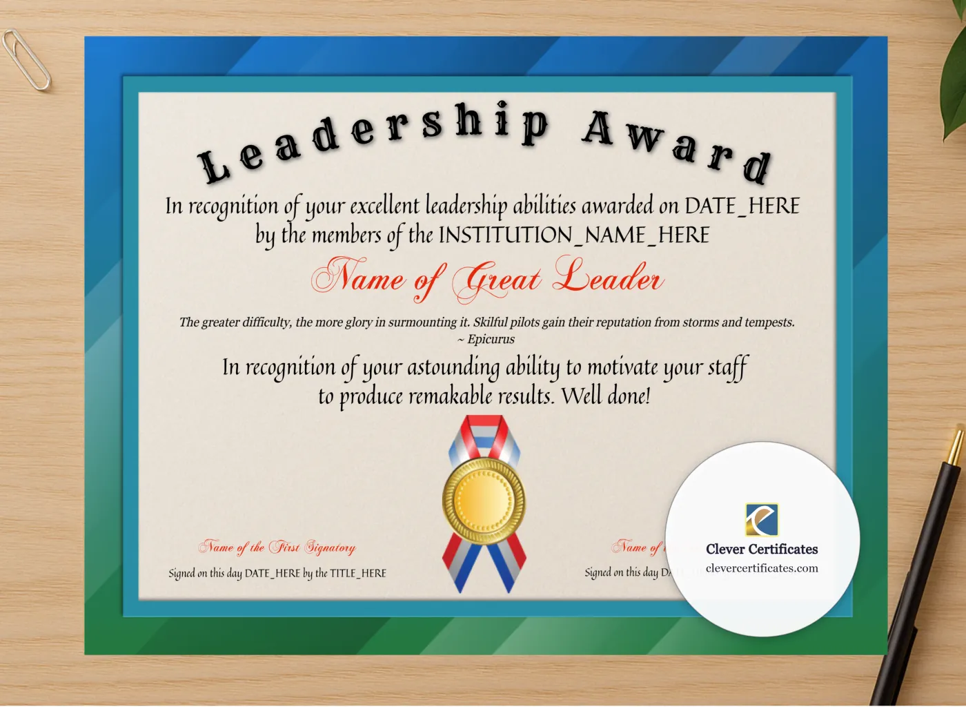 Professional preview of Leadership Award certificate on high-quality stationery paper, ideal for showcasing the final look.