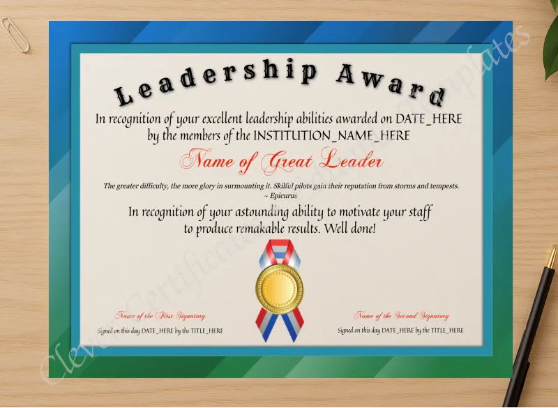 Professional preview of Leadership Award certificate on high-quality stationery paper, ideal for showcasing the final look.