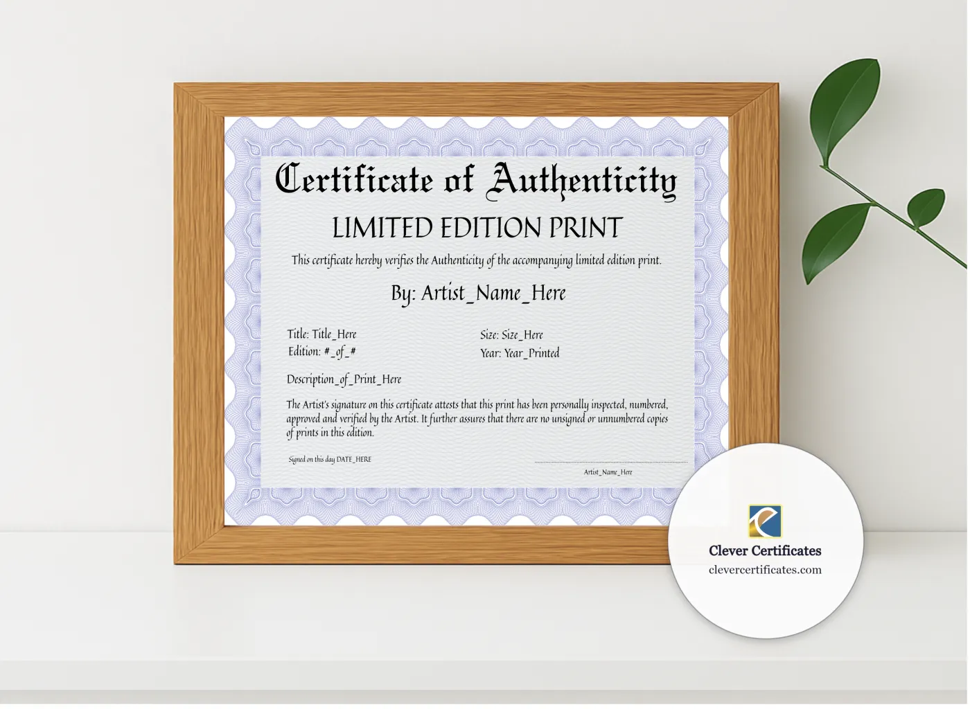 Realistic mockup featuring Certificate Of Authenticity displayed within a modern frame, set against a minimalistic background.