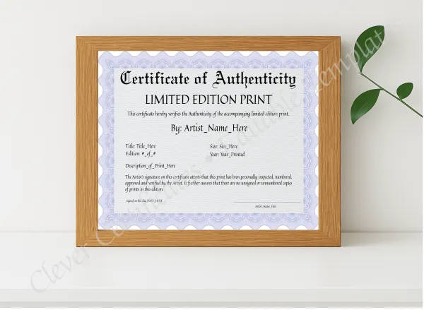 Realistic mockup featuring Certificate Of Authenticity displayed within a modern frame, set against a minimalistic background.