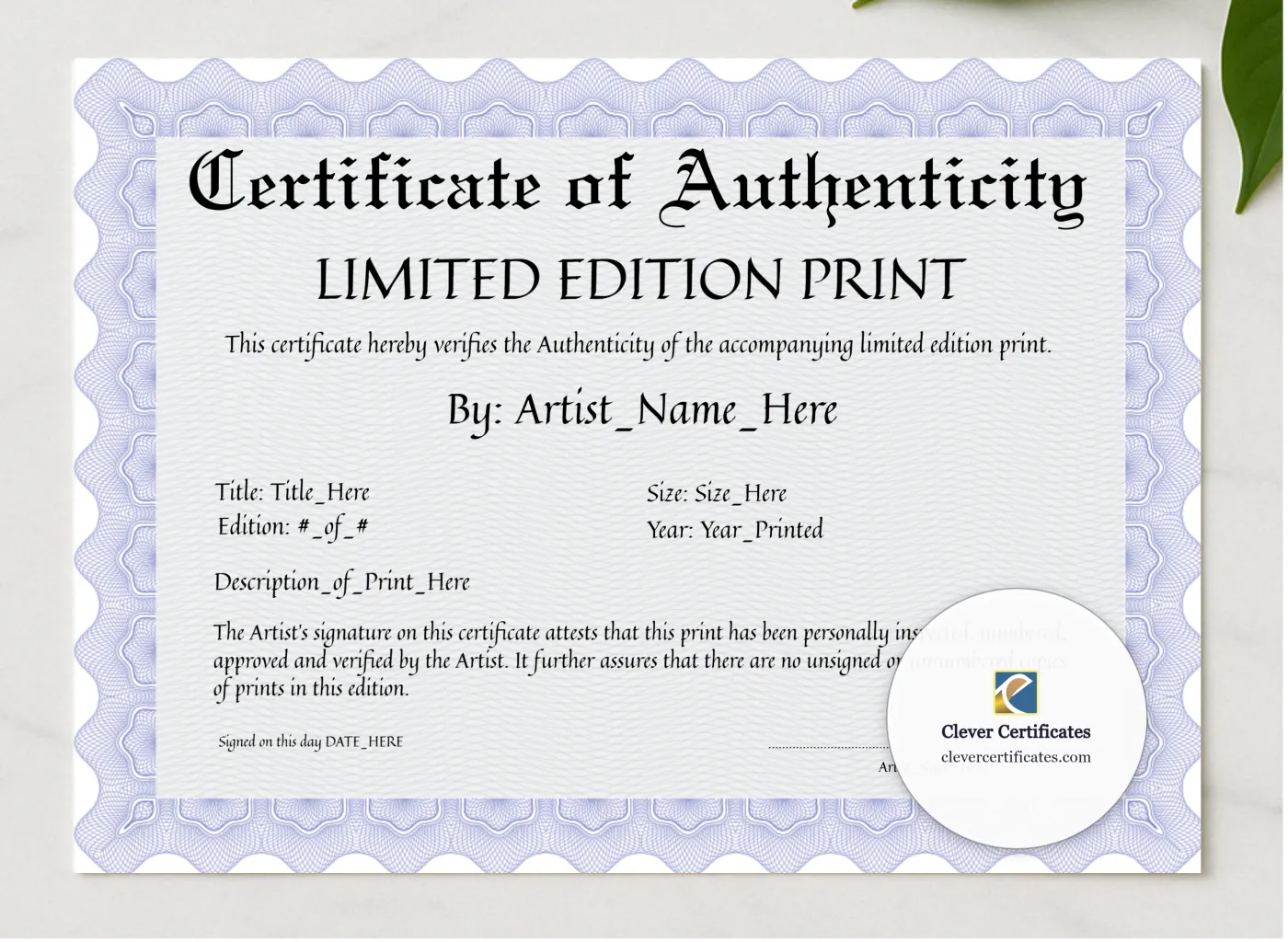 Certificate Of Authenticity presented in a sleek wooden frame, elegantly arranged on a stylish table.