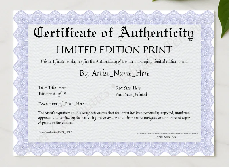Certificate Of Authenticity presented in a sleek wooden frame, elegantly arranged on a stylish table.