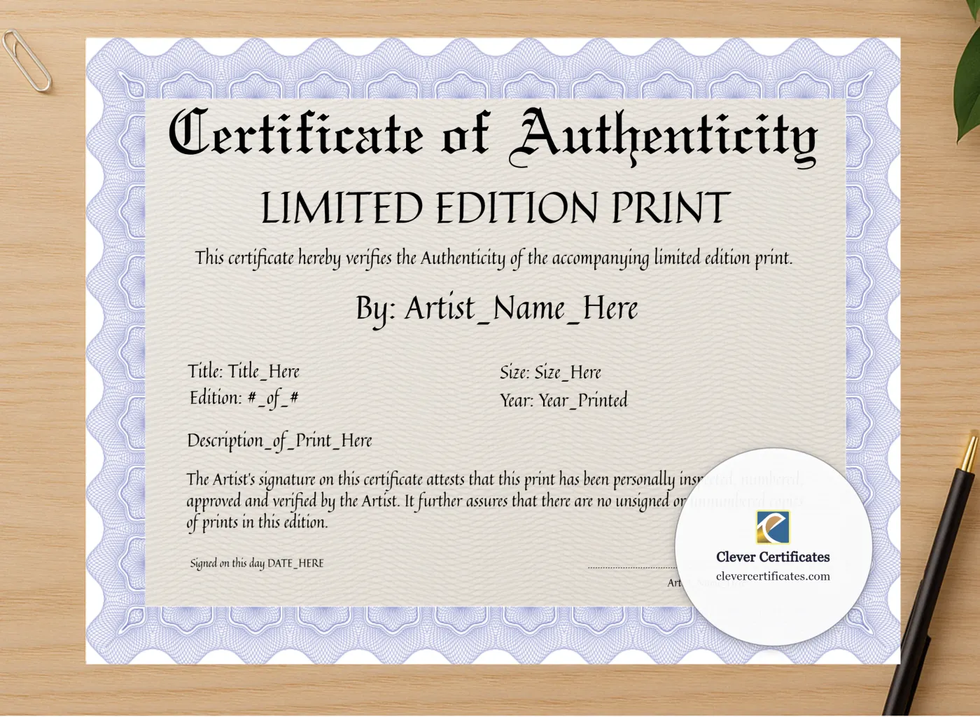 Professional preview of Certificate Of Authenticity certificate on high-quality stationery paper, ideal for showcasing the final look.