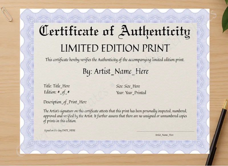 Professional preview of Certificate Of Authenticity certificate on high-quality stationery paper, ideal for showcasing the final look.