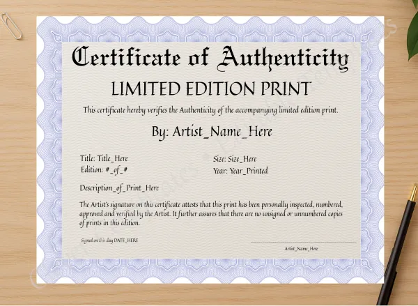Professional preview of Certificate Of Authenticity certificate on high-quality stationery paper, ideal for showcasing the final look.