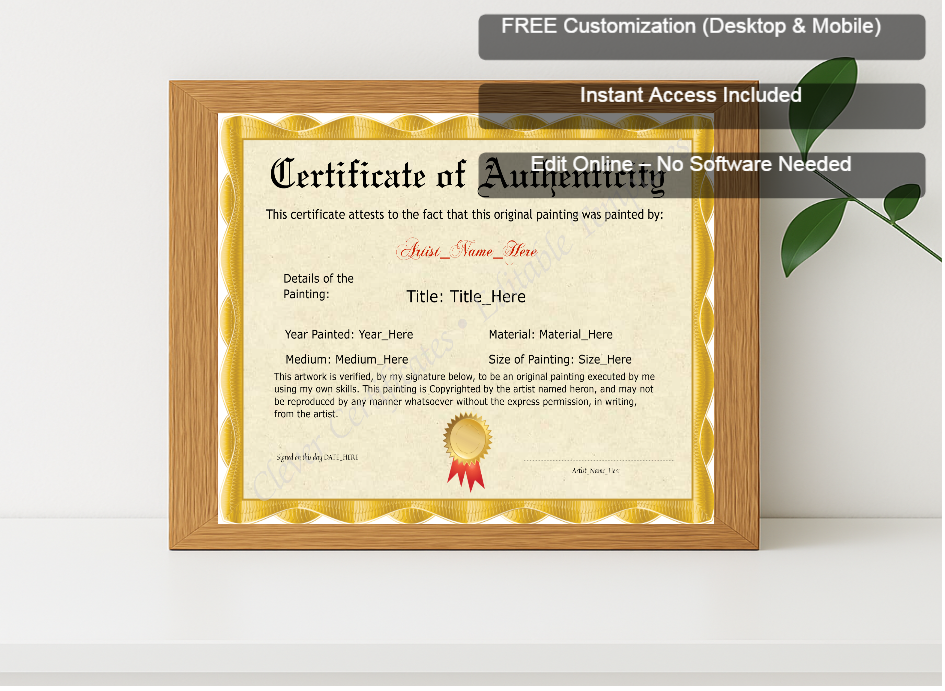 Premium mockup with Free Editor badge stack for Original Painting Certificate