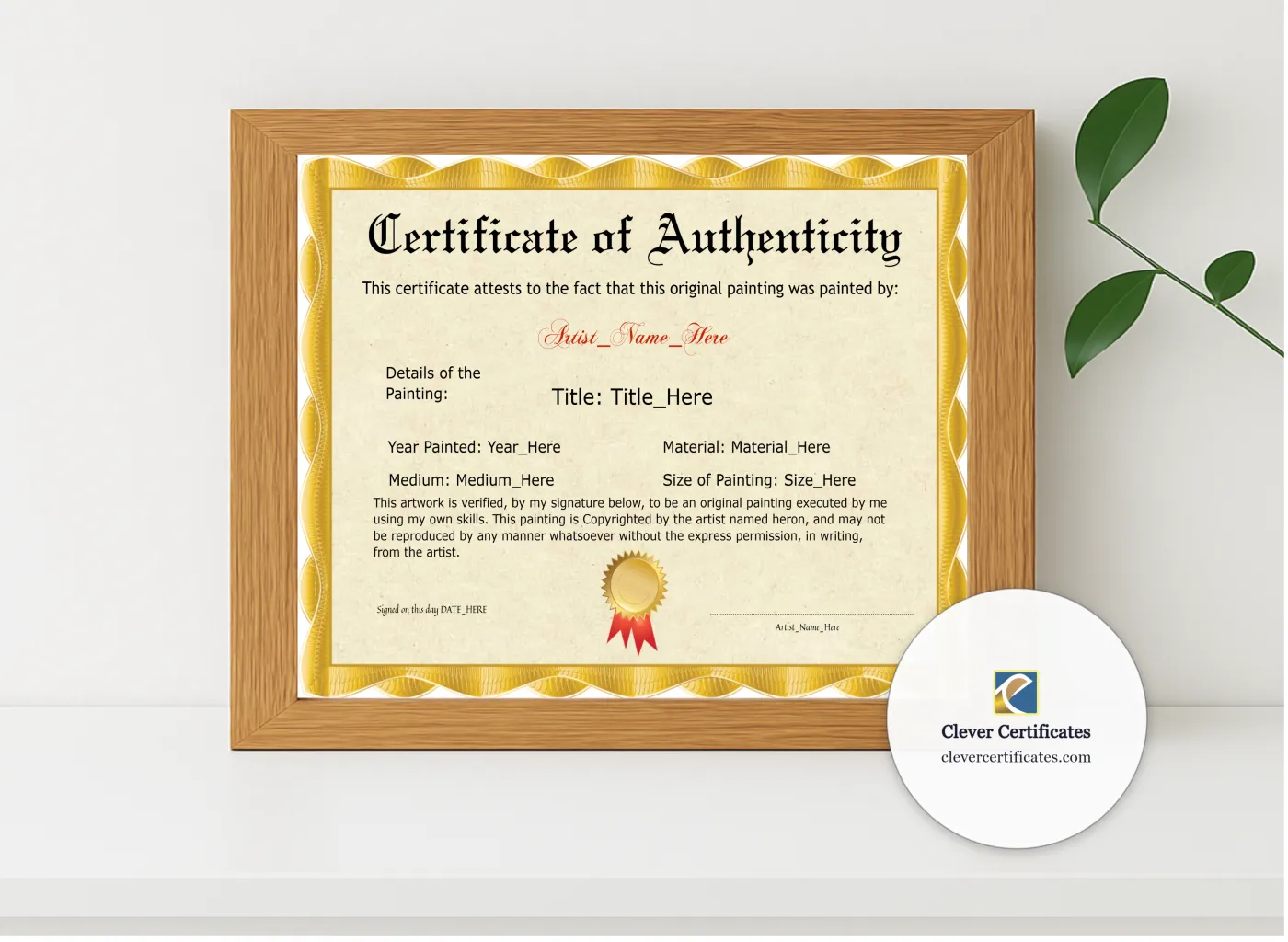 Realistic mockup featuring Original Painting Certificate displayed within a modern frame, set against a minimalistic background.
