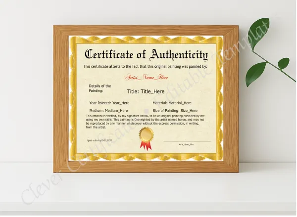 Realistic mockup featuring Original Painting Certificate displayed within a modern frame, set against a minimalistic background.