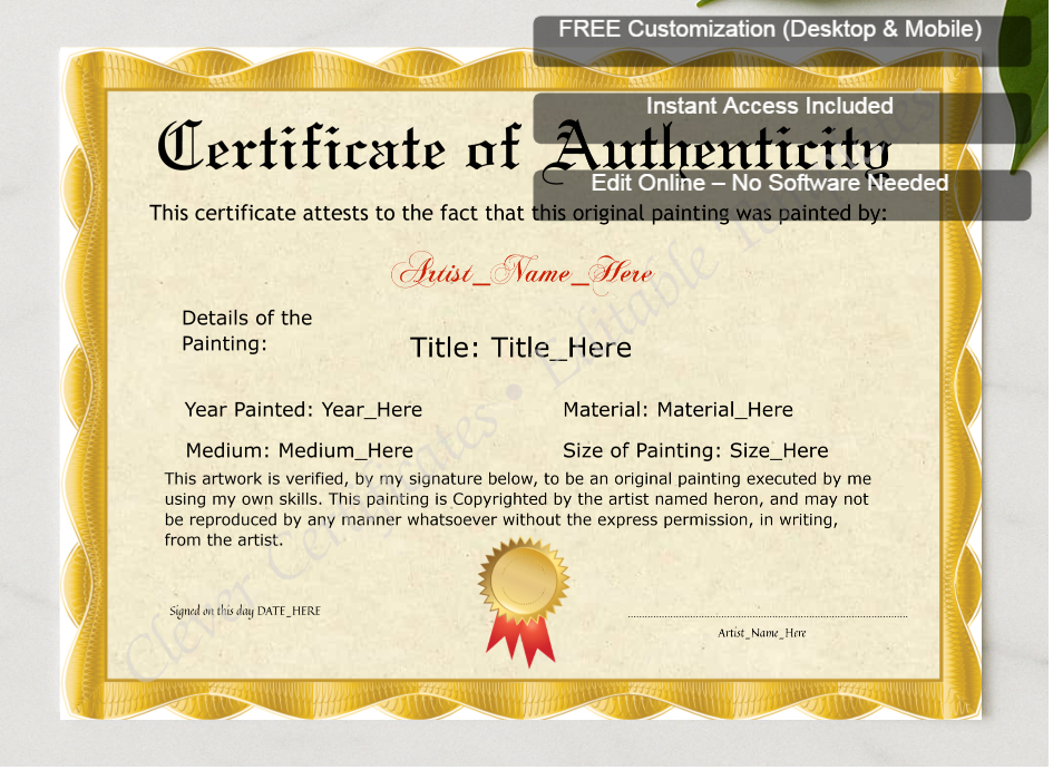 Framed preview featuring Free Editor badge stack for Original Painting Certificate