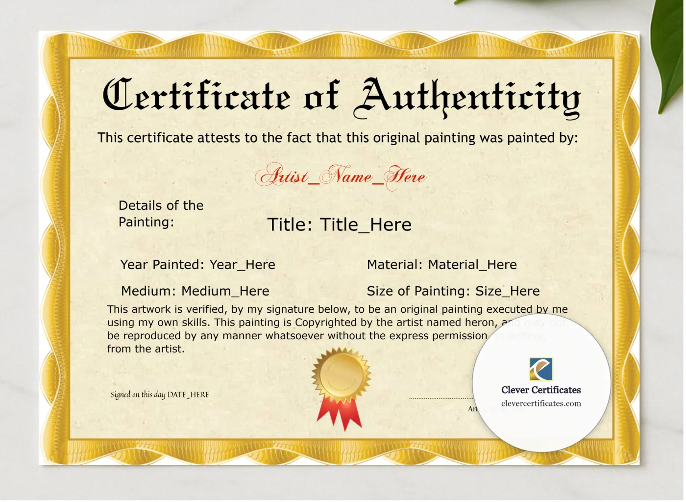 Original Painting Certificate presented in a sleek wooden frame, elegantly arranged on a stylish table.