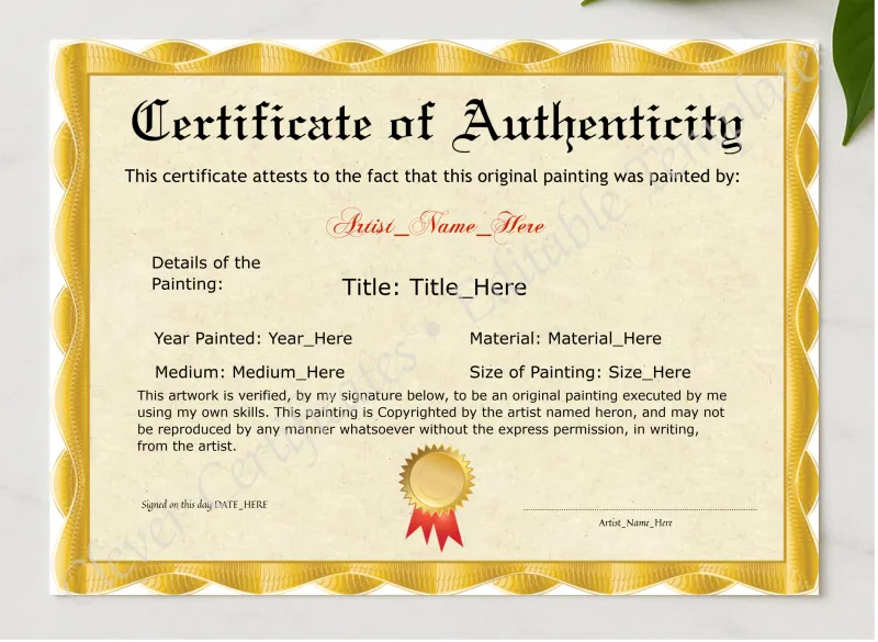 Original Painting Certificate presented in a sleek wooden frame, elegantly arranged on a stylish table.