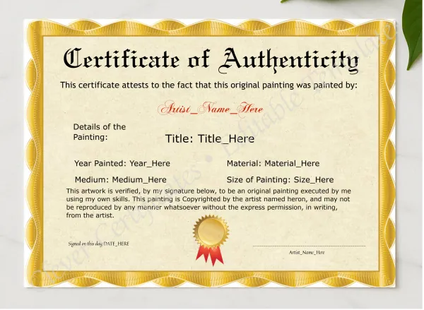 Original Painting Certificate presented in a sleek wooden frame, elegantly arranged on a stylish table.