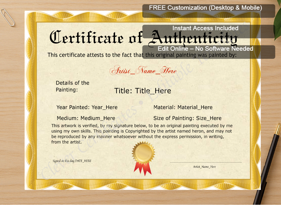 Zoomed preview with Free Editor badge stack for Original Painting Certificate