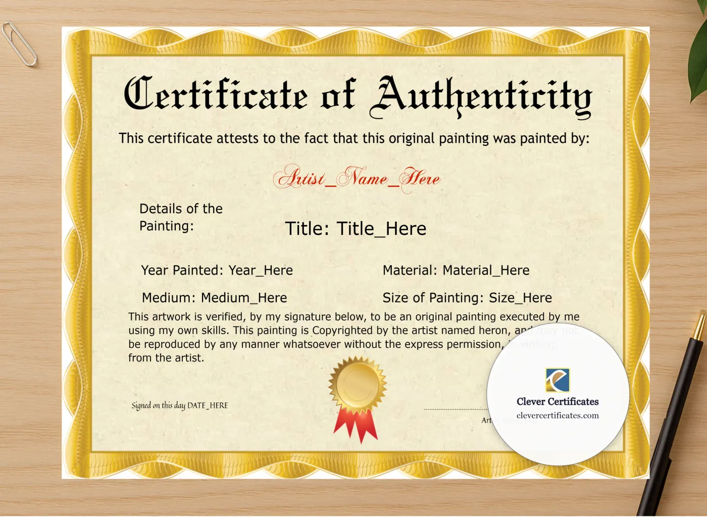 Professional preview of Original Painting Certificate certificate on high-quality stationery paper, ideal for showcasing the final look.