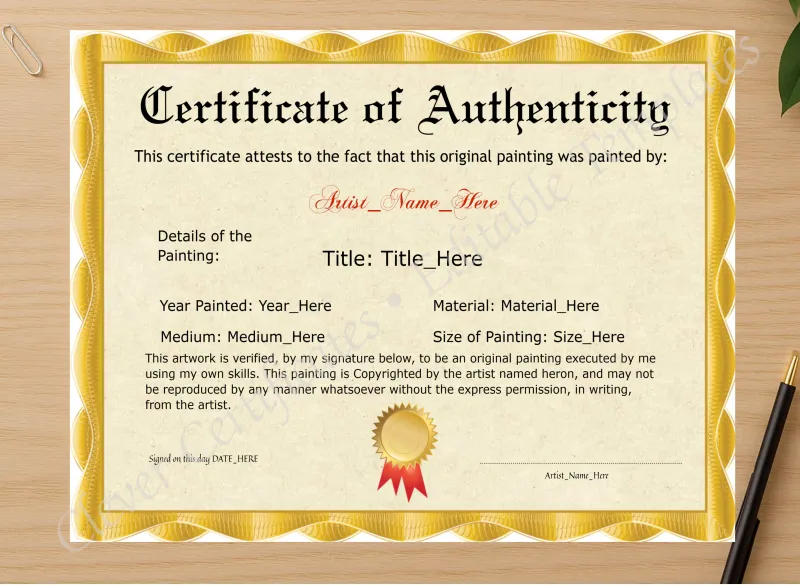 Professional preview of Original Painting Certificate certificate on high-quality stationery paper, ideal for showcasing the final look.