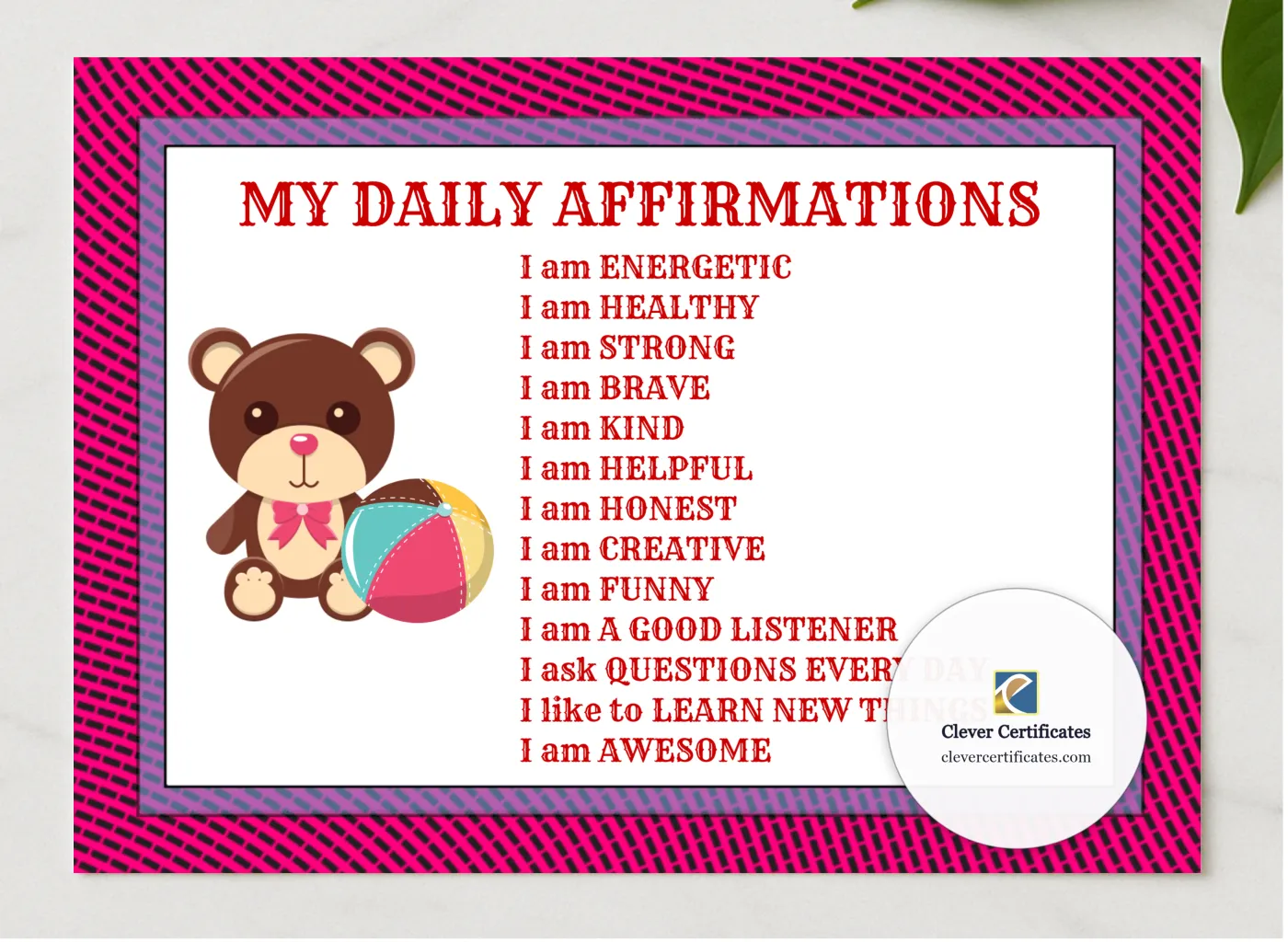 My Daily Affirmations presented in a sleek wooden frame, elegantly arranged on a stylish table.