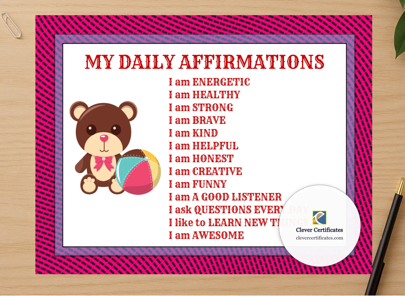 Professional preview of My Daily Affirmations certificate on high-quality stationery paper, ideal for showcasing the final look.