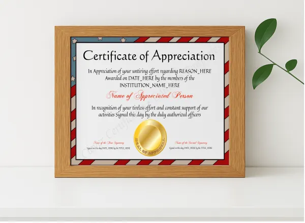 Realistic mockup featuring Certificate Of Appreciation 6 displayed within a modern frame, set against a minimalistic background.