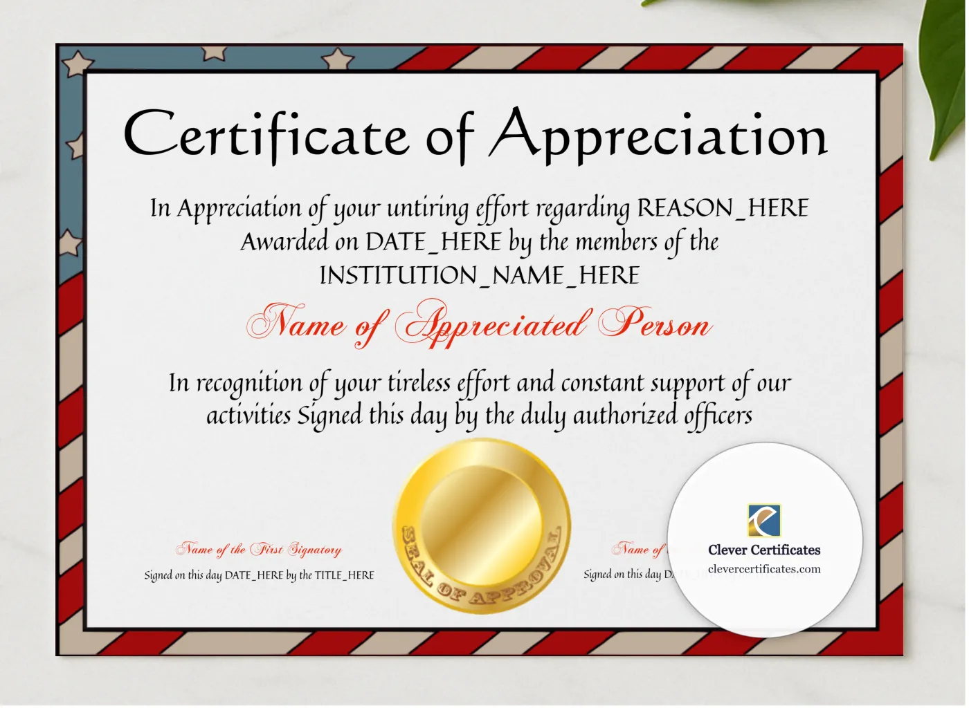 Certificate Of Appreciation 6 presented in a sleek wooden frame, elegantly arranged on a stylish table.