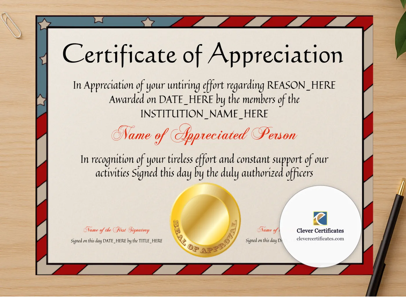 Professional preview of Certificate Of Appreciation 6 certificate on high-quality stationery paper, ideal for showcasing the final look.