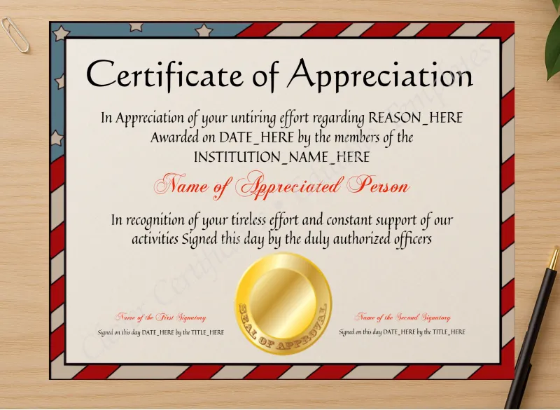 Professional preview of Certificate Of Appreciation 6 certificate on high-quality stationery paper, ideal for showcasing the final look.