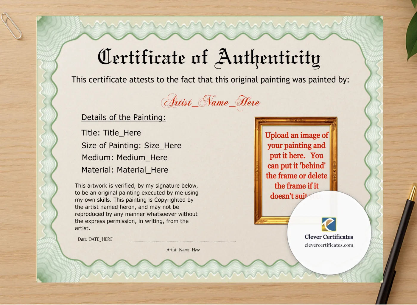 Professional preview of Authenticity With Image certificate on high-quality stationery paper, ideal for showcasing the final look.