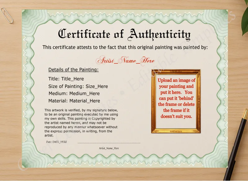 Professional preview of Authenticity With Image certificate on high-quality stationery paper, ideal for showcasing the final look.