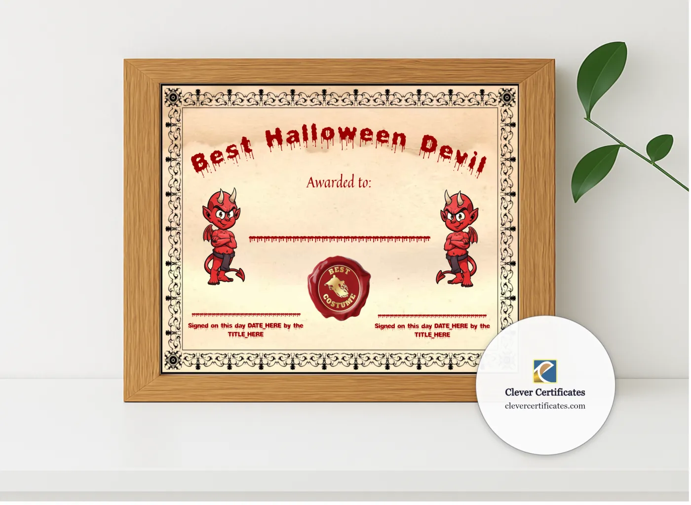Realistic mockup featuring Best Halloween Devil Certificate displayed within a modern frame, set against a minimalistic background.