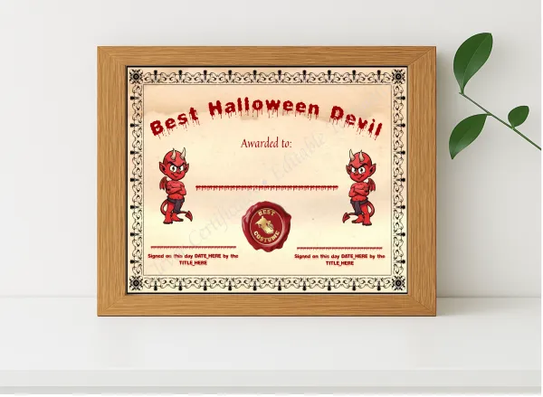 Realistic mockup featuring Best Halloween Devil Certificate displayed within a modern frame, set against a minimalistic background.